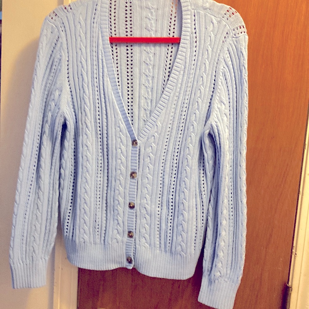 Light blue cardigan from Loft.  Long sleeves, cables, tortoiseshell buttons.